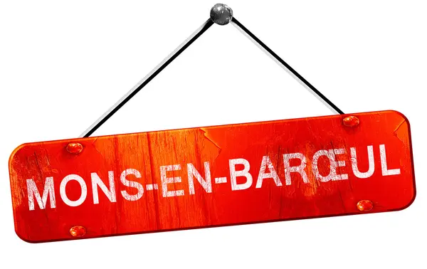 Mons-en-baroeul, 3D rendering, a red hanging sign — Stock Photo, Image