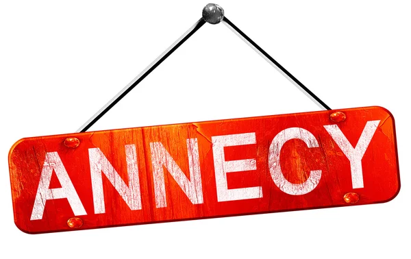 Annecy, 3D rendering, a red hanging sign — Stock Photo, Image