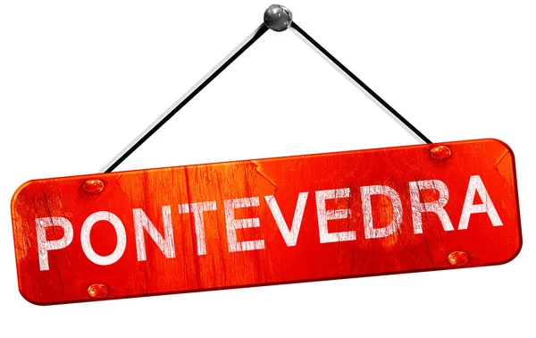 Pontevedra, representación 3D, un cartel colgante rojo — Foto de Stock