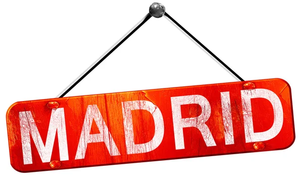 Madrid, 3D rendering, a red hanging sign — Stock Photo, Image
