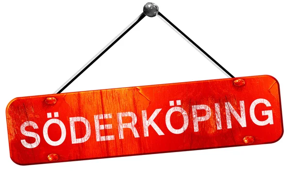 Soderkoping, 3D rendering, a red hanging sign — Stock Photo, Image