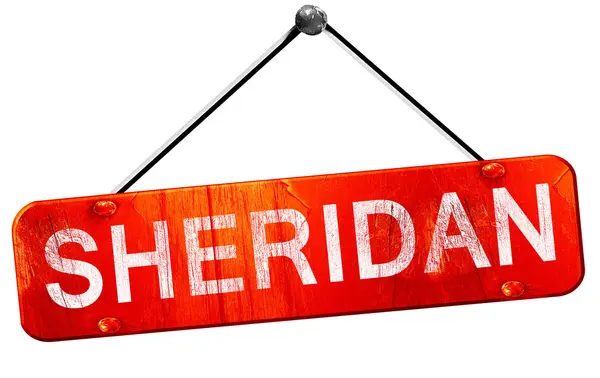 Sheridan, 3D rendering, a red hanging sign — Stock Photo, Image