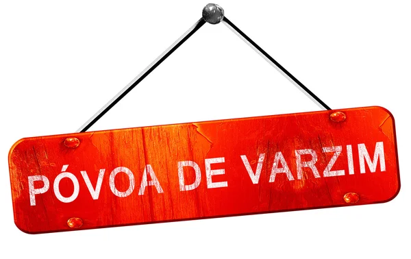 Povoa de varzim, representación 3D, un cartel colgante rojo — Foto de Stock