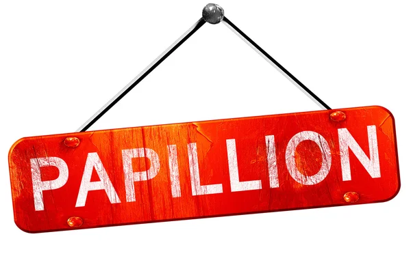 Papillion, representación 3D, un signo colgante rojo — Foto de Stock