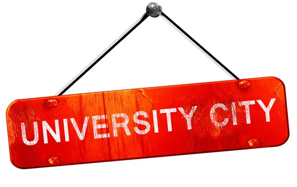Univerzitní město, 3d vykreslování, červený visí znamení — Stock fotografie