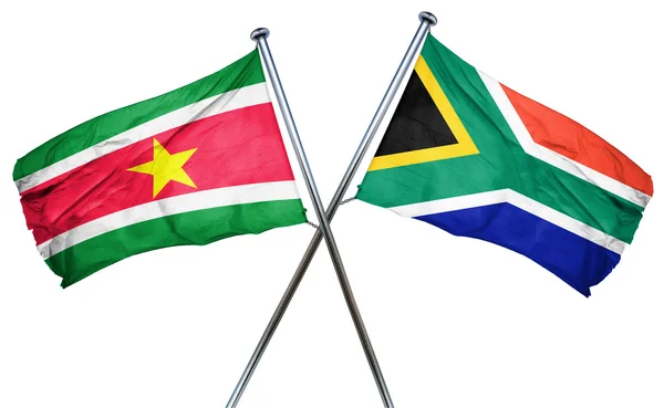Surinamská vlajka s Jihoafrickou vlajka, 3d vykreslování — Stock fotografie