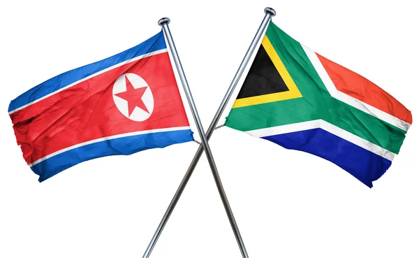 Bandeira da Coreia do Norte com bandeira da África do Sul, renderização 3D — Fotografia de Stock