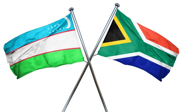 Üzbegisztán zászlót a Dél-afrikai Köztársaság lobogója, 3d-leképezés — Stock Fotó
