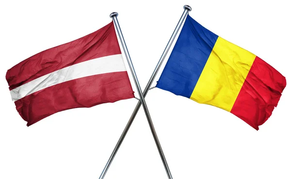 Romanya bayrağı, 3d render ile Letonya bayrağı — Stok fotoğraf