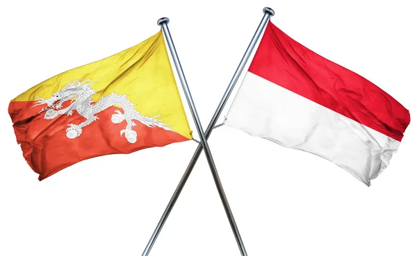 Bandiera del Bhutan con bandiera Indonesia, rendering 3D — Foto Stock