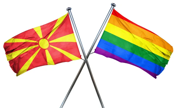 Makedoniens flagga med regnbågsflaggan, 3d-rendering — Stockfoto