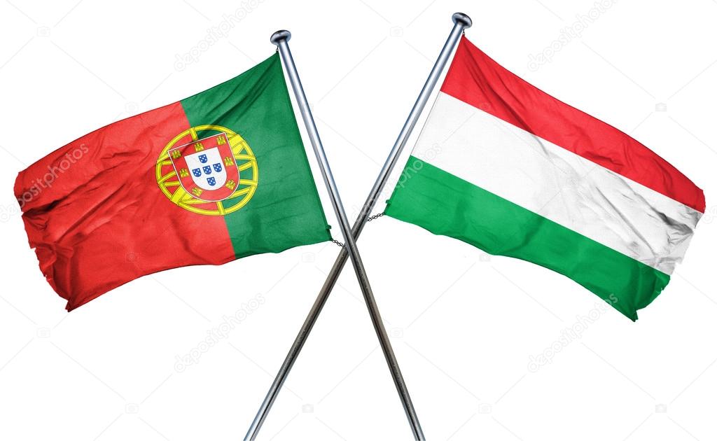 Vlag van Portugal met de vlag van Hongarije, 3D-rendering ...