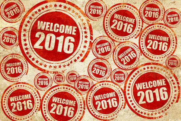 Bienvenue 2016, timbre rouge sur une texture de papier grunge — Photo