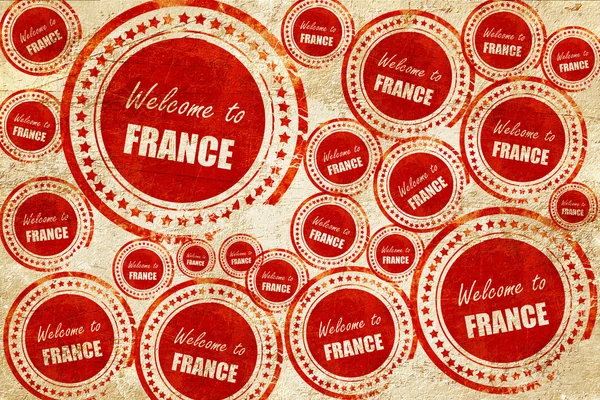 Καλώς ήρθατε στη Γαλλία, κόκκινη σφραγίδα σε μια υφή χαρτιού — Φωτογραφία Αρχείου