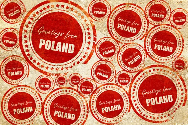 Χαιρετισμούς από την Πολωνία, κόκκινη σφραγίδα σε μια υφή χαρτιού — Φωτογραφία Αρχείου