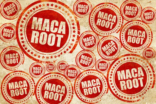 MACA wortel, rode stempel op een grunge papier textuur — Stockfoto