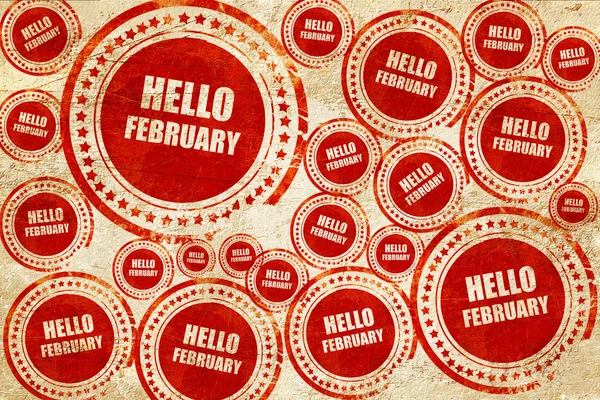 Hola febrero, sello rojo en una textura de papel grunge — Foto de Stock