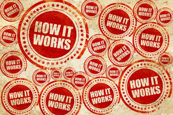 Cómo funciona, sello rojo en una textura de papel grunge —  Fotos de Stock
