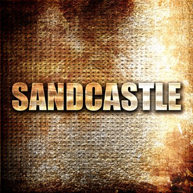 Kumdan kale, 3D görüntüleme, paslı arkaplanda metal metin