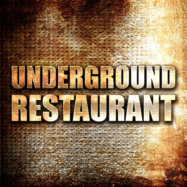 underground restaurant, 3D rendering, metal text on rust background