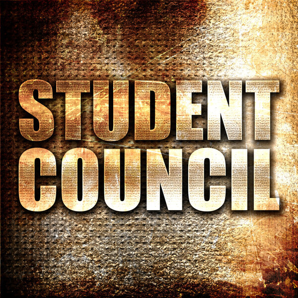 student council, 3D rendering, metal text on rust background
