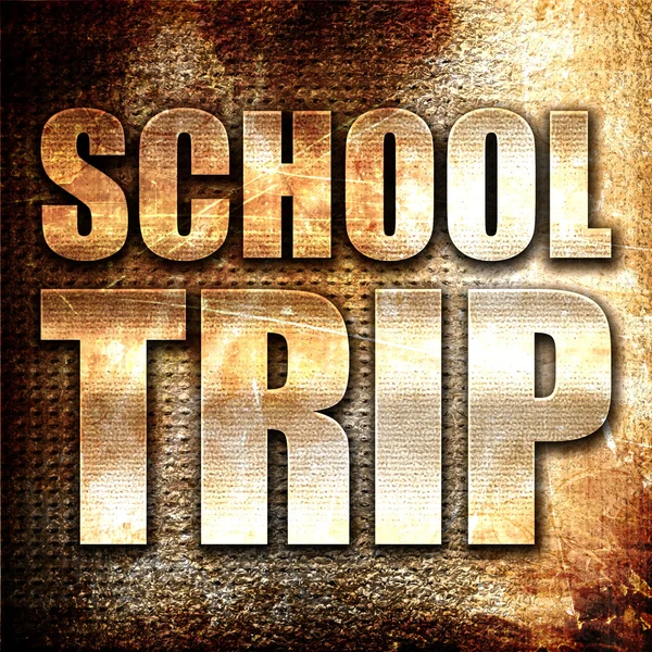 school trip, 3D rendering, metal text on rust background