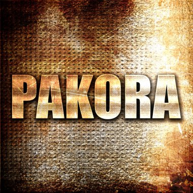 Pakora, 3D görüntüleme, paslı arkaplanda metal metin