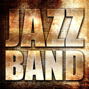 Jazz grubu, 3D yorumlama, paslı arkaplanda metal metin