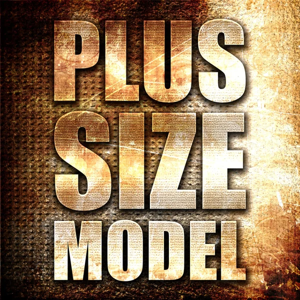 plus size model, 3D rendering, metal text on rust background