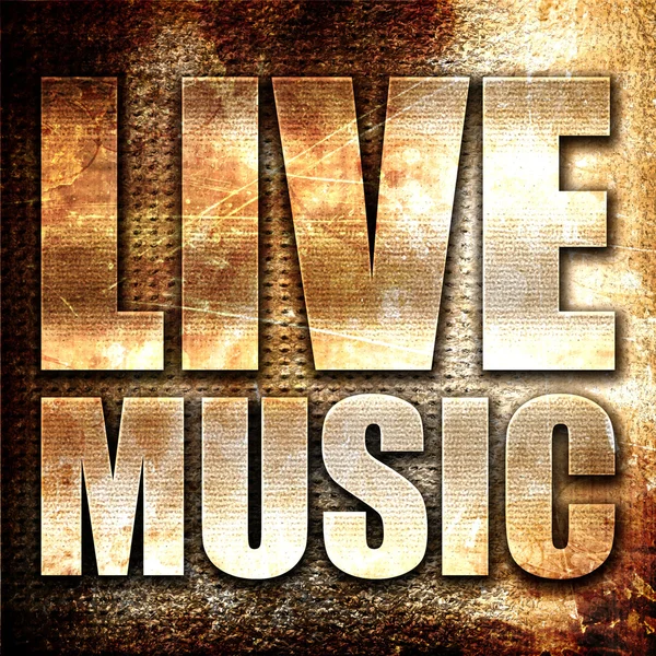 live music, 3D rendering, metal text on rust background