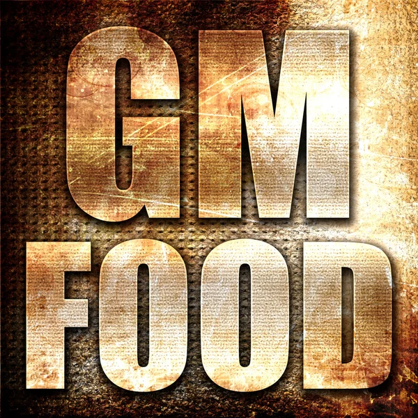 gm food, 3D rendering, metal text on rust background