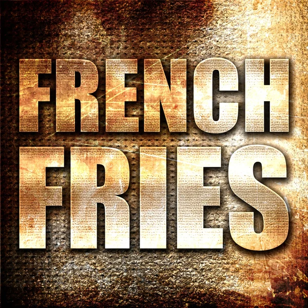 Francia krumplit, 3d-leképezést, rozsda háttéren fém szöveg — Stock Fotó