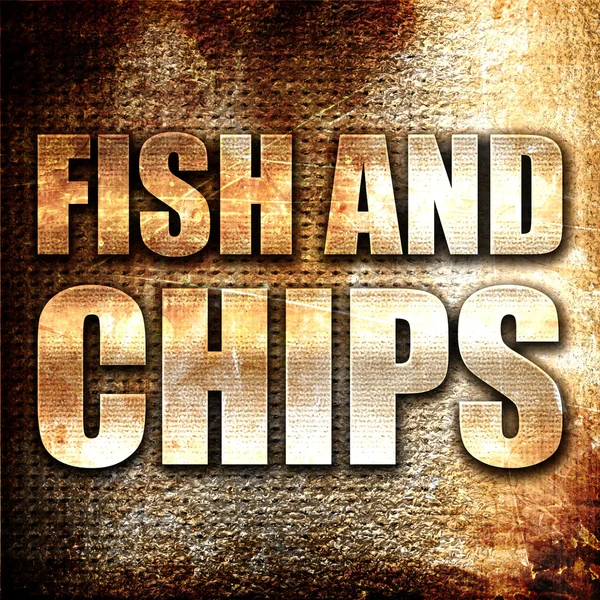Fish and chips, 3d vykreslování, kovové text na rez pozadí — Stock fotografie