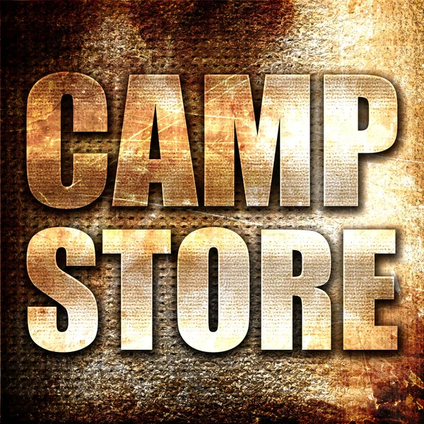 Camp store, 3D rendering, metal text on rust background — Stock Photo, Image