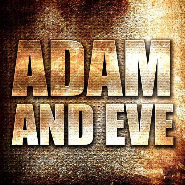 adam and eve, 3D rendering, metal text on rust background