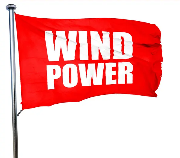 Énergie éolienne, rendu 3D, un drapeau rouge — Photo