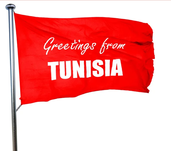 Saludos desde Tunisia, 3D rendering, una bandera ondeante roja — Foto de Stock