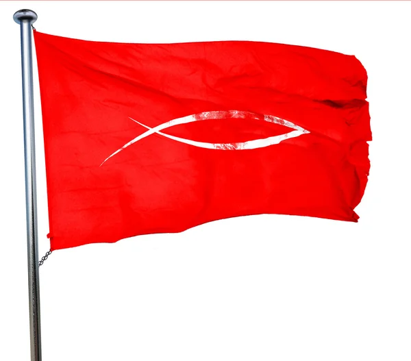 Christliches Fischsymbol, 3D-Darstellung, eine rote Flagge schwenkend — Stockfoto