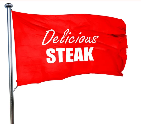 Delizioso segno di bistecca, rendering 3D, una bandiera rossa sventolante — Foto Stock