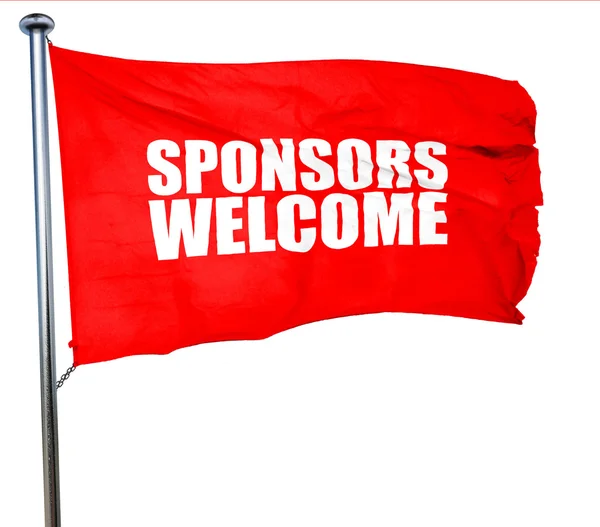 Patrocinadores bienvenidos, representación 3D, una bandera ondeante roja — Foto de Stock