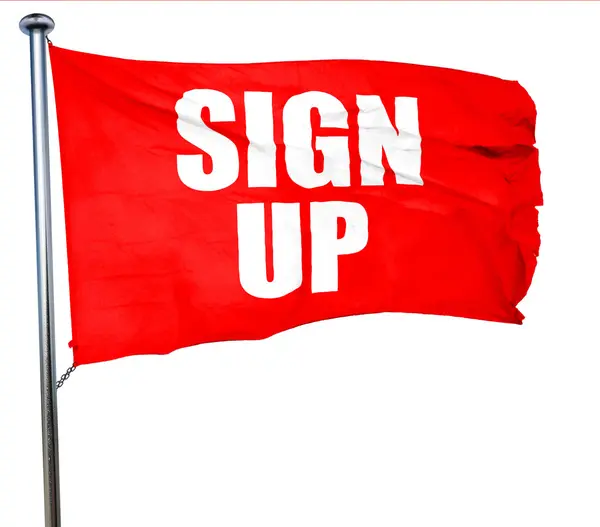 Sign up, 3D rendering, a red waving flag — Stock Photo, Image