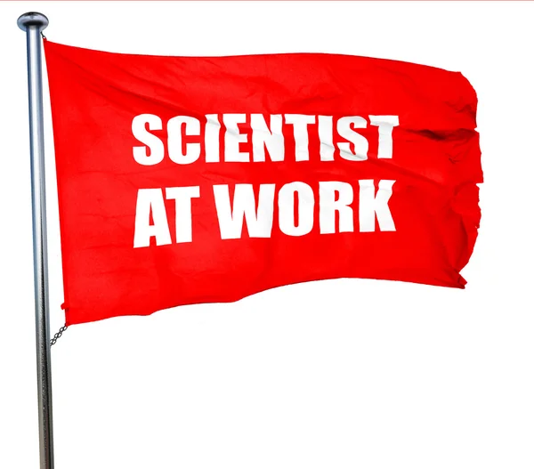 Científico en el trabajo, representación 3D, una bandera ondeante roja — Foto de Stock