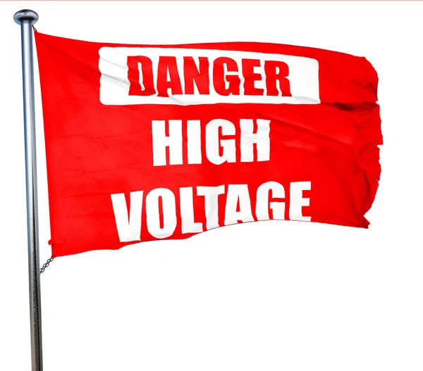 High voltage sign, 3D rendering, a red waving flag — Stock Photo, Image