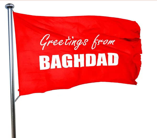 Saudações de Bagdá, renderização 3D, uma bandeira acenando vermelho — Fotografia de Stock