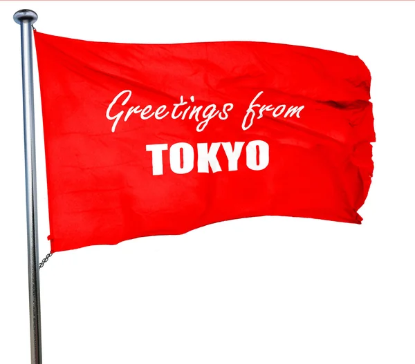 Saudações de tokyo, renderização 3D, uma bandeira acenando vermelho — Fotografia de Stock