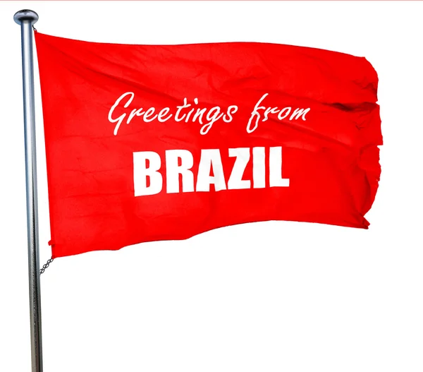 Üdvözlet Brazíliából, 3d-leképezést, egy piros zászló integet — Stock Fotó