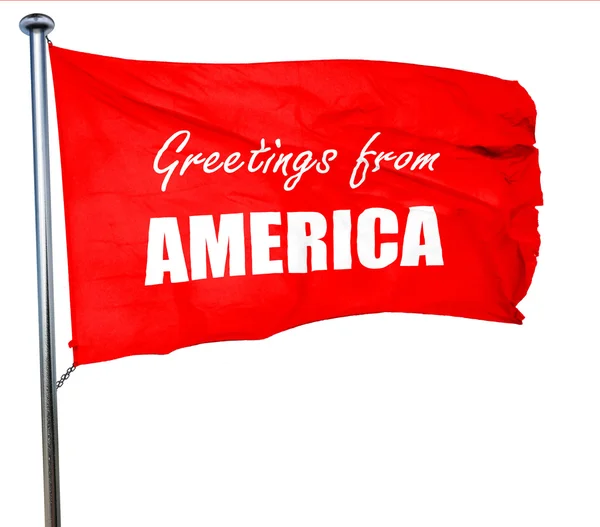 Hälsningar från Amerika, 3d-rendering, en röd viftande flagga — Stockfoto