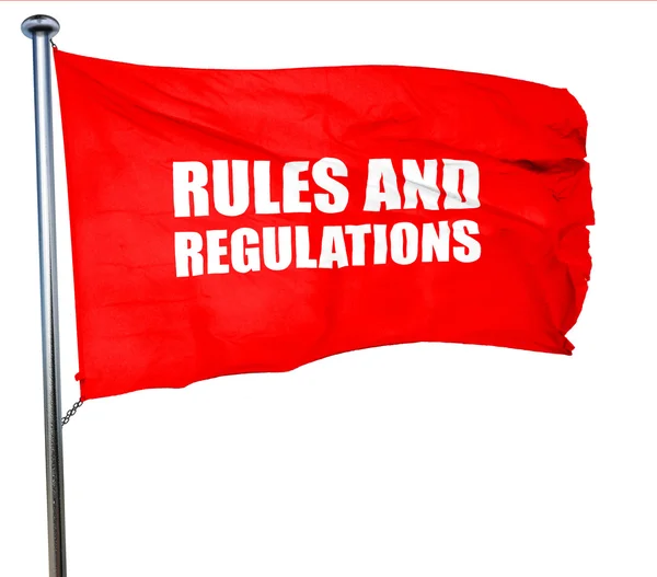 Reglas y regulaciones, representación 3D, una bandera ondeante roja — Foto de Stock