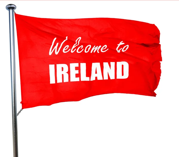 Benvenuti in Irlanda, rendering 3D, una bandiera rossa sventolante — Foto Stock
