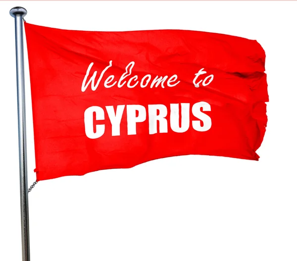 Bienvenido a cyprus, 3D rendering, una bandera ondeante roja — Foto de Stock